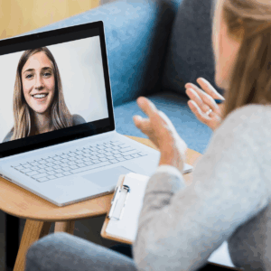 Online meeting on a laptop